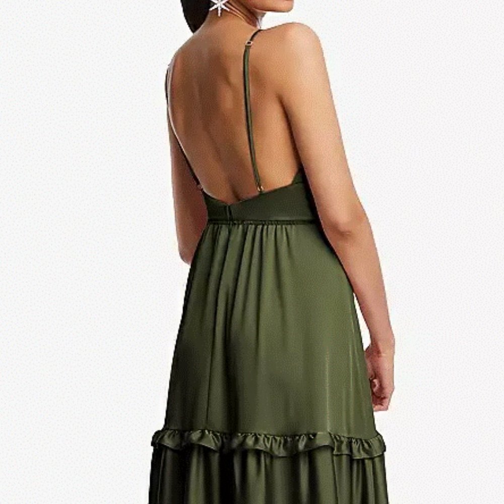 TH116..Low-Back Triangle Dress with Ruffle-Trimmed Tiered Skirt...Green..Size S - Picture 3 of 9